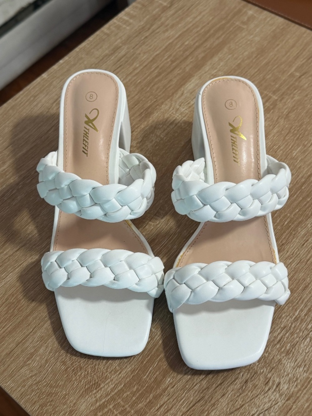 Athlefit White Braided Strap Block Heel Sandals Size 8